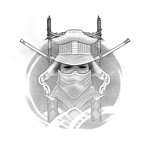 ronin with two swords and wearing a straw hat and a face mask he stands half-turned is visible from the waist up tattoo design idea