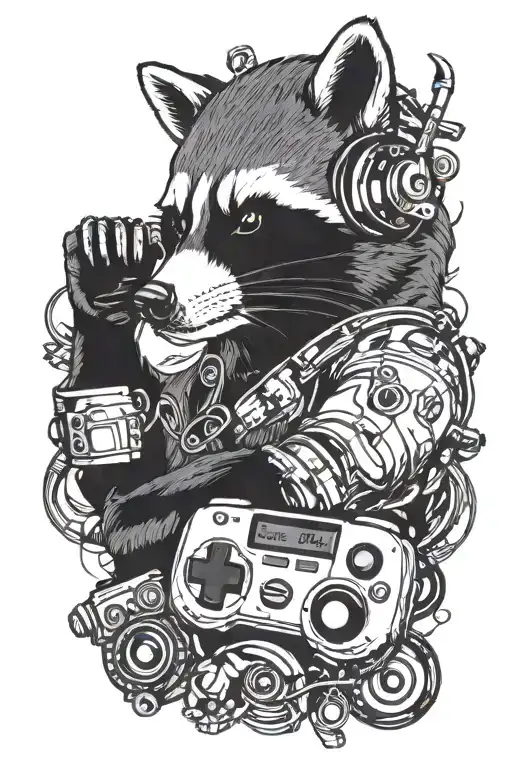 a full sleeve tattoo of a raccoon wearing a headset with a videogame controller with music notes on the background tattoo design idea