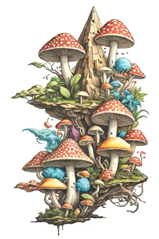 multiple mushrooms, aliens, pyramid, universe, color, forearm, sleeve tattoo design idea