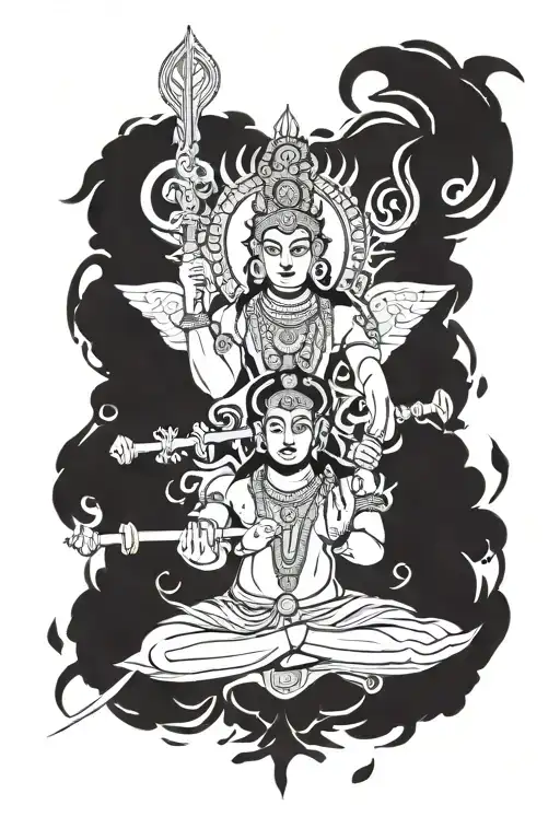 design tatto with shiva trident, hanuman mace, krishna flute tattoo design idea