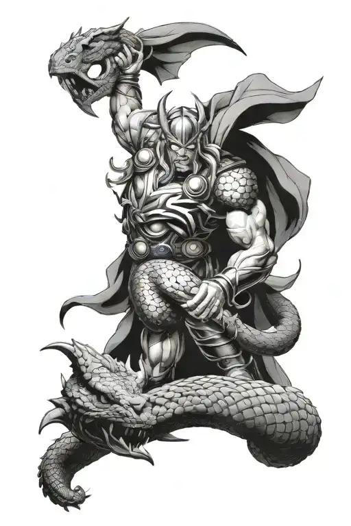 Thor battling Jormungandr tattoo design idea
