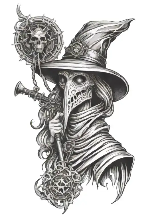 plague doctor, goddess diana, goddes of justice and medusa   tattoo design idea