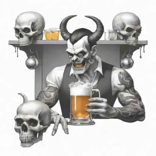 Create a design of a demon bartender serving drinks to skulls at a bar tattoo design idea