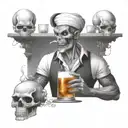 Create a design of a demon bartender serving drinks to skulls at a bar tattoo design idea