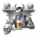 Create a design of a demon bartender serving drinks to skulls at a bar tattoo design idea