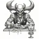 Create a design of a demon bartender serving drinks to skulls at a bar tattoo design idea
