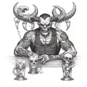 Create a design of a demon bartender serving drinks to skulls at a bar tattoo design idea