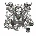 Create a design of a demon bartender serving drinks to skulls at a bar tattoo design idea