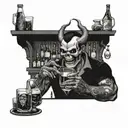 Create a design of a demon bartender serving drinks to skulls at a bar tattoo design idea