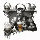 Create a design of a demon bartender serving drinks to skulls at a bar tattoo design idea