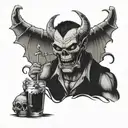 Create a design of a demon bartender serving drinks to skulls at a bar tattoo design idea