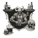 Create a design of a demon bartender serving drinks to skulls at a bar tattoo design idea