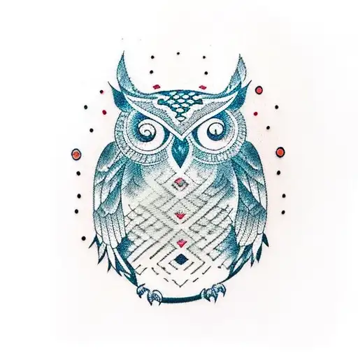 a owl with a red aura and cardinal points tattoo design idea