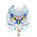 a owl with a red aura and cardinal points tattoo design idea