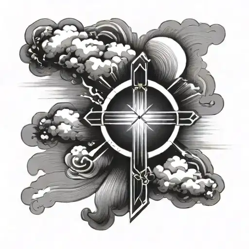 Cross with clouds with rays shining tattoo design idea