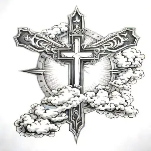 Christian cross with clouds and rays tattoo design idea