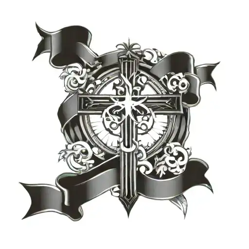 Christian cross wrapped with ribbon and clouds with rays tattoo design idea