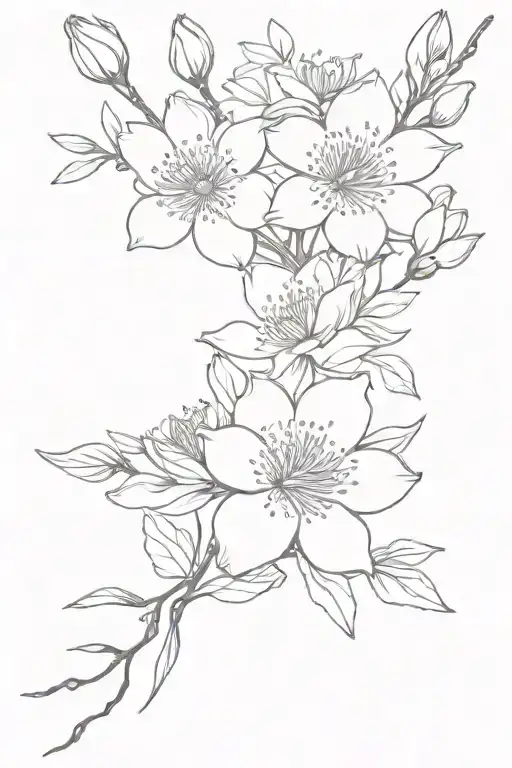 Birthday flower bouquet: Cherry blossom, larkspur, water lily,  tattoo design idea