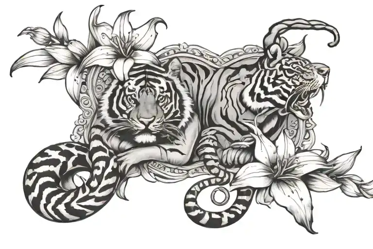 tiger lily flowers and snake tattoo design idea