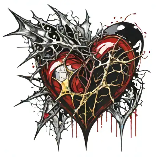 Crystal Deep Red Heart, The word "Ruby" in gold underneath, intricate silver thorns twisting around. tattoo design idea