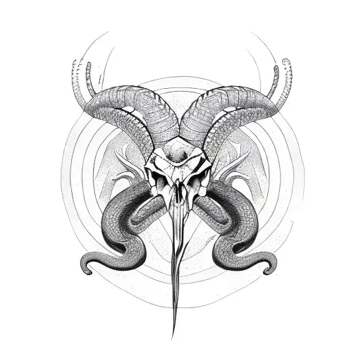 snake with ibex skull and rose tattoo design idea