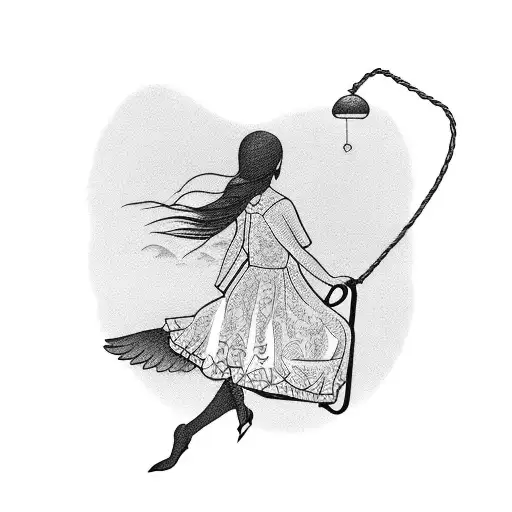 silhouette of girl on a swing carried away by two birds tattoo design idea