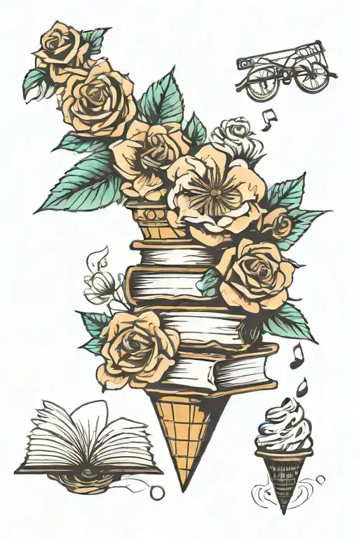 flowers with books, travel, ice cream cone, walks, movies and music tattoo design idea