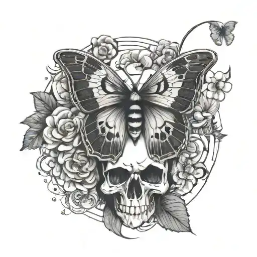 Trippy, gothic, black and white , lunar moth, skull flowers tattoo design idea