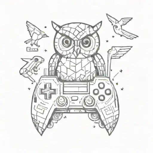 A pixelated owl holding a controller, surrounded by gaming icons and symbols tattoo design idea