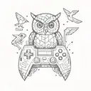 A pixelated owl holding a controller, surrounded by gaming icons and symbols tattoo design idea