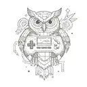 A pixelated owl holding a controller, surrounded by gaming icons and symbols tattoo design idea