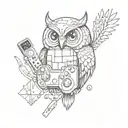 A pixelated owl holding a controller, surrounded by gaming icons and symbols tattoo design idea