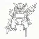 A pixelated owl holding a controller, surrounded by gaming icons and symbols tattoo design idea