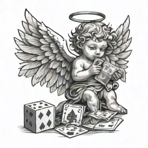 baby angel with wings holding a bag of money with deck of cards and dice  tattoo design idea