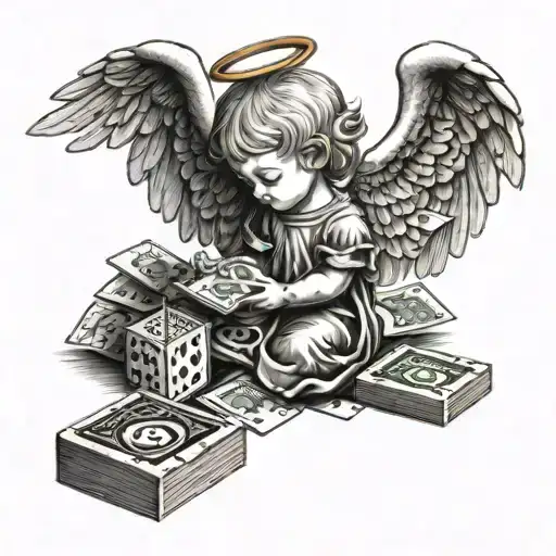 baby angel with wings that are laying down and holding a bag of money while praying with deck of cards and dice  tattoo design idea