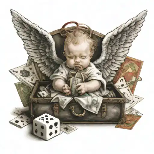 baby angel with wings that are laying down and holding a bag of money while praying with deck of cards and dice  tattoo design idea