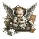 baby angel with wings that are laying down and holding a bag of money while praying with deck of cards and dice  tattoo design idea
