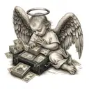 baby angel with wings that are laying down and holding a bag of money while praying with deck of cards and dice  tattoo design idea