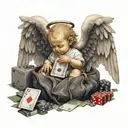 baby angel with wings that are laying down and holding a bag of money while praying with deck of cards and dice  tattoo design idea