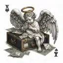 baby angel with wings that are laying down and holding a bag of money while praying with deck of cards and dice  tattoo design idea