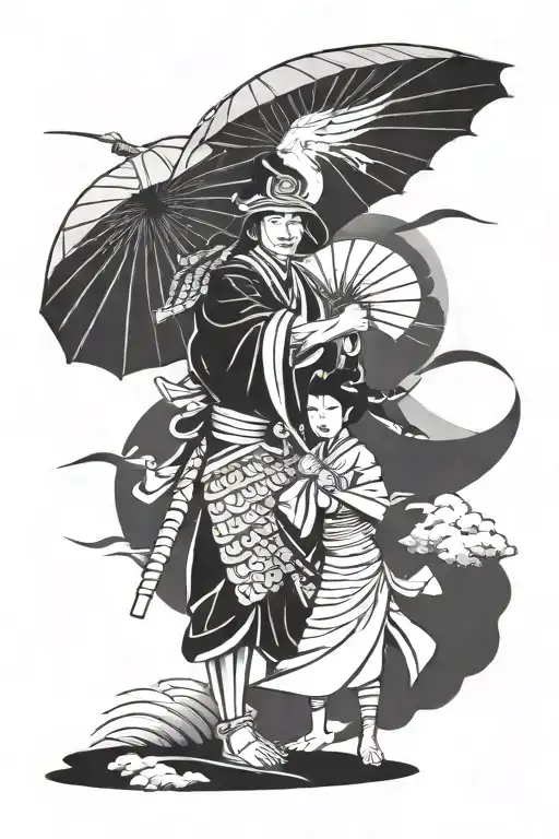 samurai warrior defending maiden with umbrella, hanku mask, stork, water  tattoo design idea