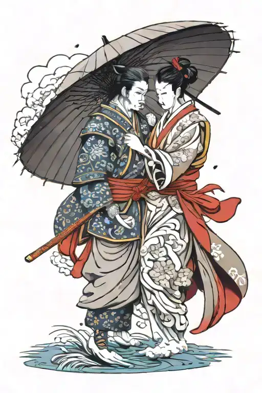 samurai warrior defending maiden with umbrella, hanku mask, stork, water  tattoo design idea