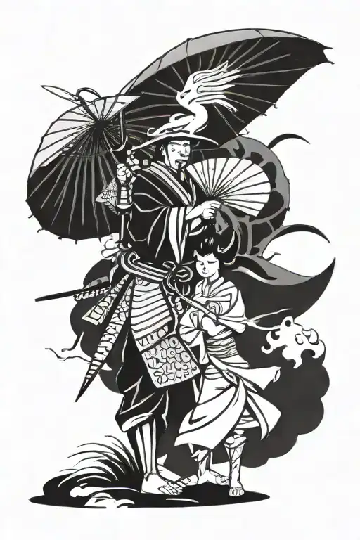 samurai warrior defending maiden with umbrella, hanku mask, stork, water  tattoo design idea