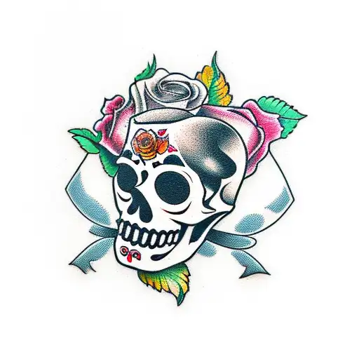 roses, swallow, stop watch, sugar skull tattoo design idea