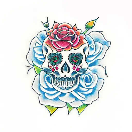 roses, bird, sugar skull tattoo design idea
