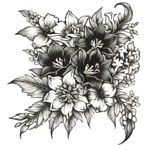 larkspur, poppy, daffodil, daisy bouquet tattoo design idea