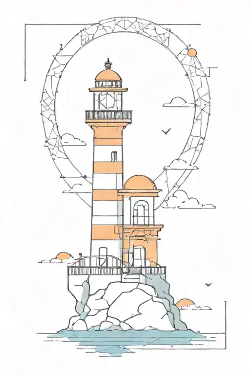 Lighthouse near ocean, in blue and orange, squared around in Porto mosaic style tattoo design idea