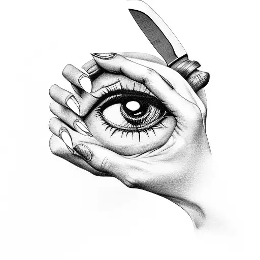 Female hand holding a knife with eyes reflection in it tattoo design idea