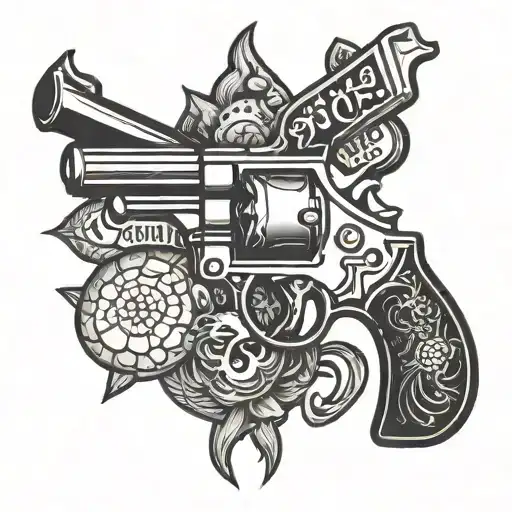 A stylized blackwork tattoo of a vintage revolver intertwined with a classic truck, with the words 'We the People' subtly incorporated to represent the constitution tattoo design idea