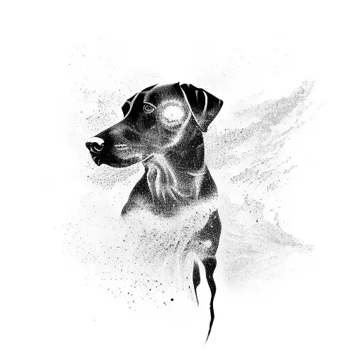 silhouette of skinny black lab trotting on sanbar of large river woth pawprints in the sand.  tattoo design idea